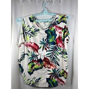 Frumos Tropical Leaf Print Top White Green Red Sleeveless Blouse 3X